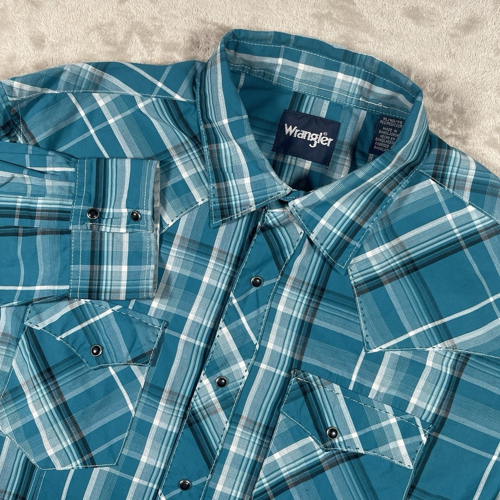 Wrangler Button-Up Retro Western Men XL Teal Plaid Pearl‎ Snap Long Sleeve Shirt